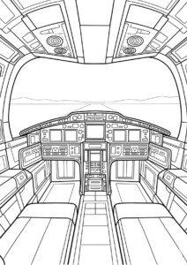 Wnetrze statku kosmicznego Kolorowanka Gwiezdne wojny z kokpitem z pulpitem sterowania i fotelami