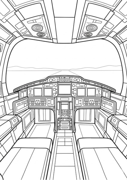 Wnetrze statku kosmicznego Kolorowanka Gwiezdne wojny z kokpitem z pulpitem sterowania i fotelami