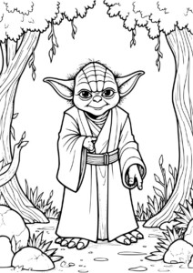 Yoda Kolorowanka do druku przedstawiająca małego Jedi w lesie z charakterystycznymi dużymi uszami i oczami
