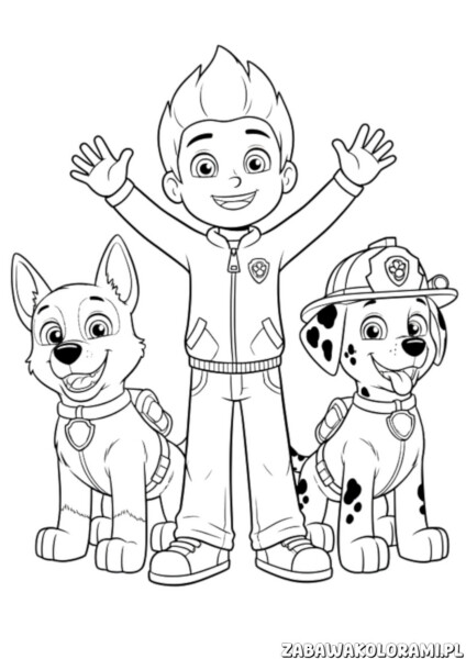 Darmowa kolorowanka Psi Patrol z Ryderem, Chase'em i Marshallem w mundurach