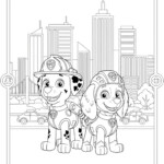 Darmowe kolorowanki Psi Patrol z Chase w strażackim stroju i Marshallem w budowlanym ubraniu