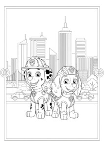 Darmowe kolorowanki Psi Patrol z Chase w strażackim stroju i Marshallem w budowlanym ubraniu
