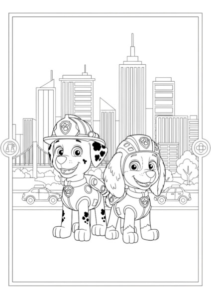 Darmowe kolorowanki Psi Patrol z Chase w strażackim stroju i Marshallem w budowlanym ubraniu