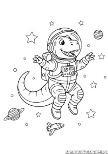 Dinozaur Kolorowanka astronauty w kosmosie z planetami, księżycem i rakietą