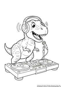 dinozaur t-rex Kolorowanka DJ z mikrofonem i konsolą, który śpiewa przy djskiej konsole
