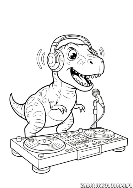 dinozaur t-rex Kolorowanka DJ z mikrofonem i konsolą, który śpiewa przy djskiej konsole