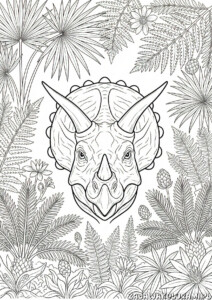 dinozaury Kolorowanka. Kolorowanka z Triceratopsem i roślinnością prehistoryczną
