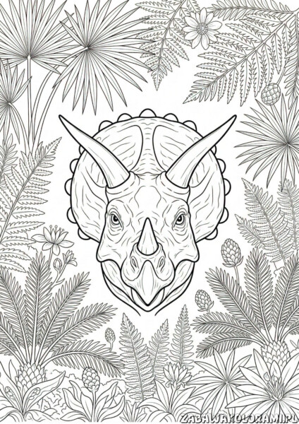 dinozaury Kolorowanka. Kolorowanka z Triceratopsem i roślinnością prehistoryczną
