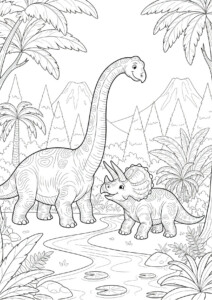 dinozaury darmowa Kolorowanka z brachiozaurem, triceratopsem i małym dinozaurem w prehistorycznej dżungli