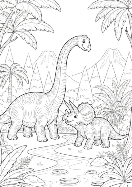 dinozaury darmowa Kolorowanka z brachiozaurem, triceratopsem i małym dinozaurem w prehistorycznej dżungli