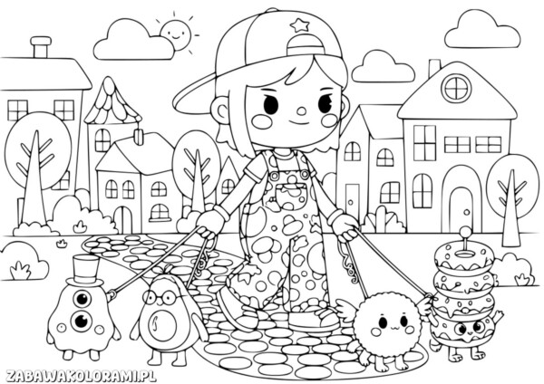 Kolorowanka do druku Spacer toca boca przedstawia dziewczynkę w kapeluszu w kropkowanej sukience, która bawić się z małymi stworzeniami.