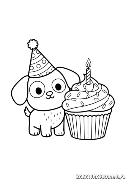 Kolorowanka do druku urodzinowa z pieskiem w kapeluszu z kropkami trzymającym ciastko z świeczką