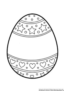 Kolorowanka pisanka z wzorami i symbolami, z gwiazdkami, kółkami, sercami