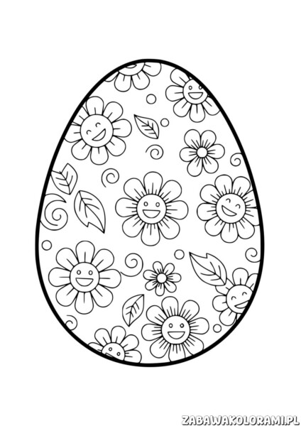 Kolorowanka pisanka dla dzieci z uśmiechniętymi kwiatami, liśćmi i małymi stworkami w kształcie jajka