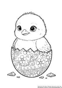 Kolorowanka pisanka do druku z rysunkiem pisklęcia wylatującego z jajka zdobionego wzorami.