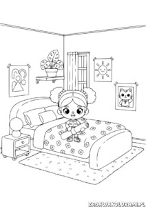 Kolorowanka pokój Toca Boca z dziewczynką siedzącą na łóżku i zwierzętami na ścianie.