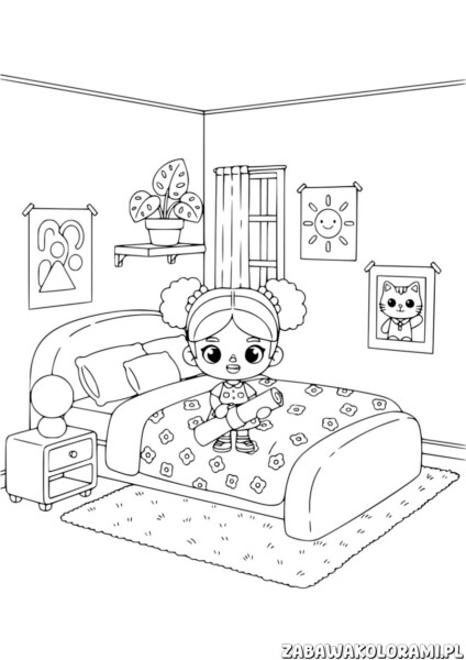 Kolorowanka pokój Toca Boca z dziewczynką siedzącą na łóżku i zwierzętami na ścianie.