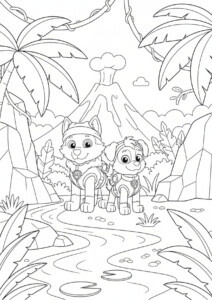Kolorowanka Psi Patrol z Chase’em i Marshallem w zielonym lesie, gotowa do kolorowania przez dzieci.