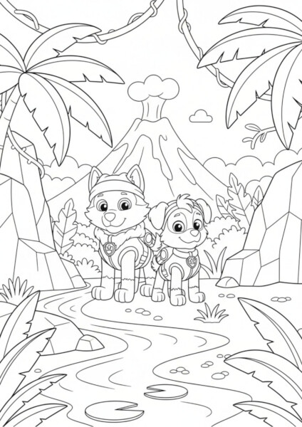 Kolorowanka Psi Patrol z Chase’em i Marshallem w zielonym lesie, gotowa do kolorowania przez dzieci.