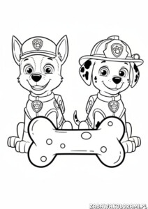 Kolorowanka Psi Patrol Chase Marshall przedstawiająca postacie w mundurach policyjnych i strażackich w pojeździe ratunkowym.
