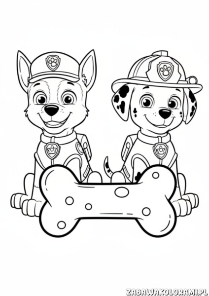 Kolorowanka Psi Patrol Chase Marshall przedstawiająca postacie w mundurach policyjnych i strażackich w pojeździe ratunkowym.