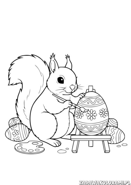 Kolorowanka wiewiórka z pisanką – sympatyczna wiewiórka dekoruje pisankę wiosennymi kwiatkami