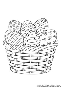 Pisanki kolorowanka z koszyczkiem pełnym jajek z różnymi wzorami, m.in. kropki, fale i kwiaty.