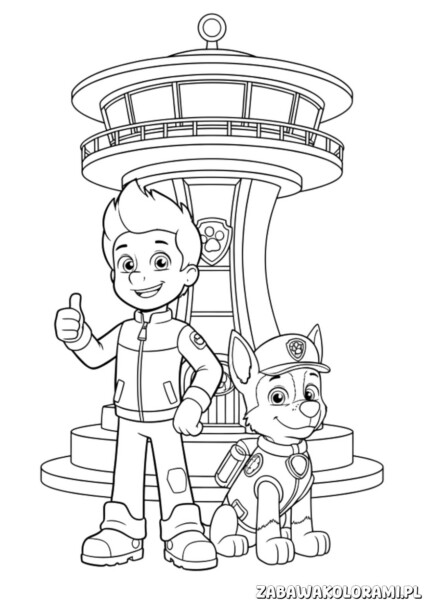 Psi patrol baza kolorowanka z Ryderem i Chase’em na platformie wieży obserwacyjnej z serii PAW Patrol