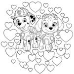 Psi patrol kolorowanka z Chase i Marshall. Bohaterowie PAW Patrol w świecie serc i przyjaźni.