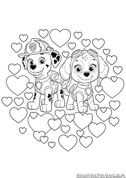 Psi patrol kolorowanka z Chase i Marshall. Bohaterowie PAW Patrol w świecie serc i przyjaźni.