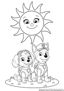 Psi Patrol kolorowanka dla dzieci z pilotem Chase i strażakiem Marshall siedzącymi na trawie pod uśmiechniętym słońcem