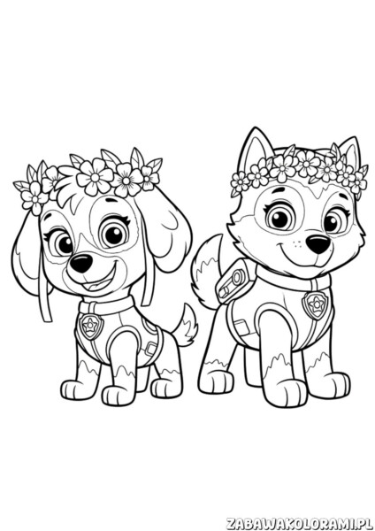Psi Patrol kolorowanka z postaciami Chase i Marshall w strojach z odznakami i koronami kwiatowymi