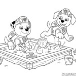 Psi patrol kolorowanka z dalmatyńczykami w piaskownicy, jeden trzyma łopatkę, drugi wesoło gestykuje