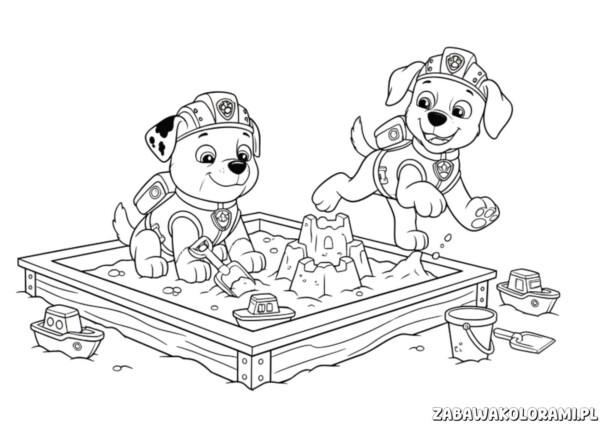 Psi patrol kolorowanka z dalmatyńczykami w piaskownicy, jeden trzyma łopatkę, drugi wesoło gestykuje