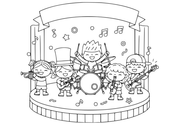 toca boca Muzyka kolorowanka z uśmiechniętymi dziećmi grającymi instrumenty na scenie