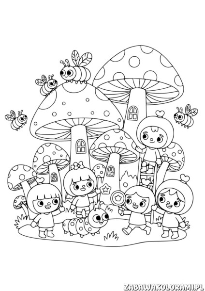 Toca Boca kolorowanka z postaciami, grzybami-domkami i owadami w baśniowej scenerii