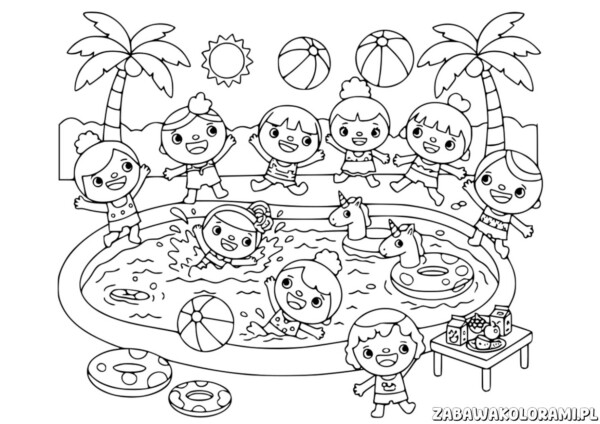 Toca boca kolorowanka z dziećmi na basenie, ręcznie rysowana grafika przedstawia dzieci bawiące się w basenie