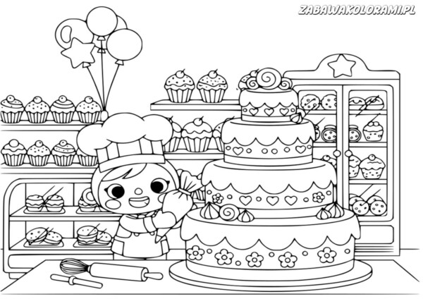 toca boca kolorowanka do druku Kuchnia z postacią dziecka, ciastkami, cukierkami i balonami