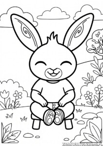 Bajka bing kolorowanka z królikiem który obserwuje rośliny i chmurki na tle