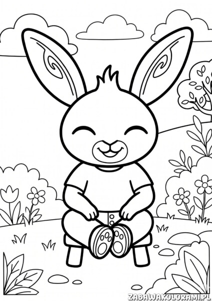 Bajka bing kolorowanka z królikiem który obserwuje rośliny i chmurki na tle