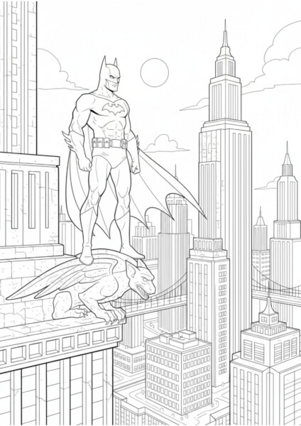 Batman Kolorowanka dla dorosłych – Batman stoi na dachu miasta, gotowy do akcji, z rozpostartym płaszczem