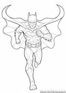 Batman Kolorowanka do druku z Batmanem w akcji, z rozpostartym płaszczem i gotowym do przygody.