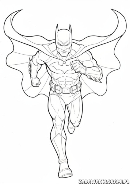 Batman Kolorowanka do druku z Batmanem w akcji, z rozpostartym płaszczem i gotowym do przygody.