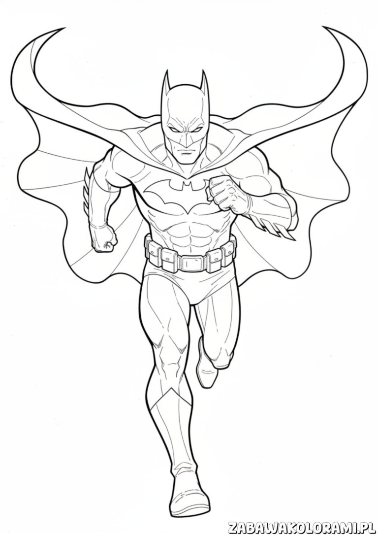 Batman Kolorowanka do druku z Batmanem w akcji, z rozpostartym płaszczem i gotowym do przygody.