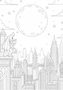 Batman Malowanka z Batmanem na dachu w nocnym mieście, z księżycem i gwiazdami