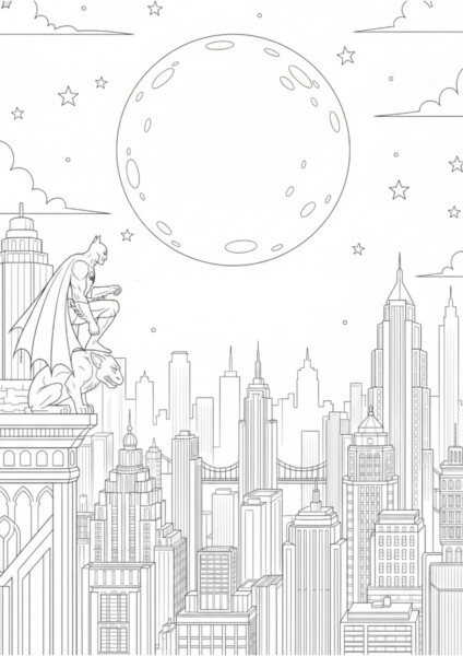 Batman Malowanka z Batmanem na dachu w nocnym mieście, z księżycem i gwiazdami