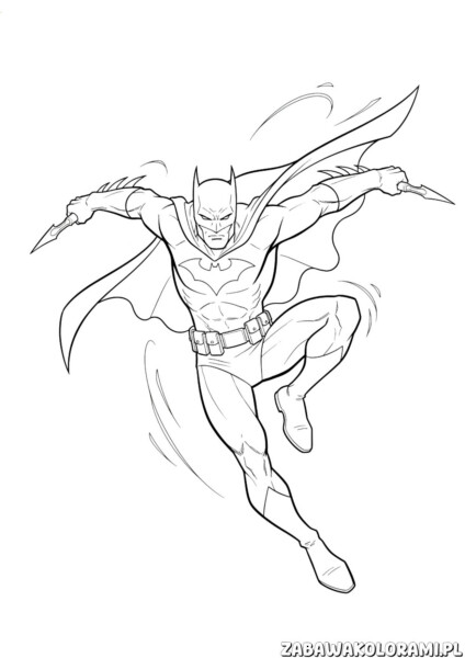 Batman Malowanka do druku z Batmanem w dynamicznej pozie, z rozpostartym płaszczem i emblematami