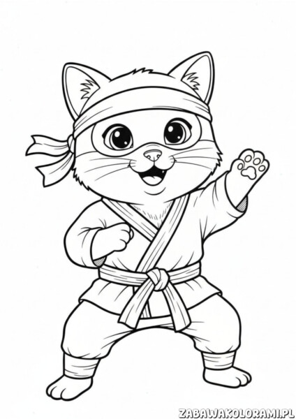 Karate Kot kolorowanka z Ninjago – kot w stroju ninja w gotowej pozycji do walki