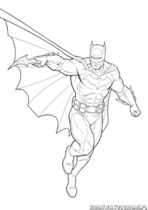 Kolorowanka Batman przedstawiająca superbohatera w akcji z rozwianym płaszczem