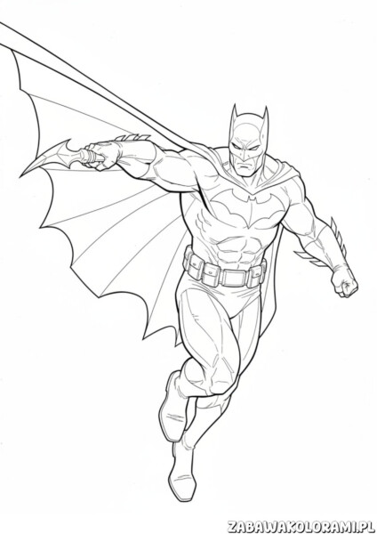 Kolorowanka Batman przedstawiająca superbohatera w akcji z rozwianym płaszczem